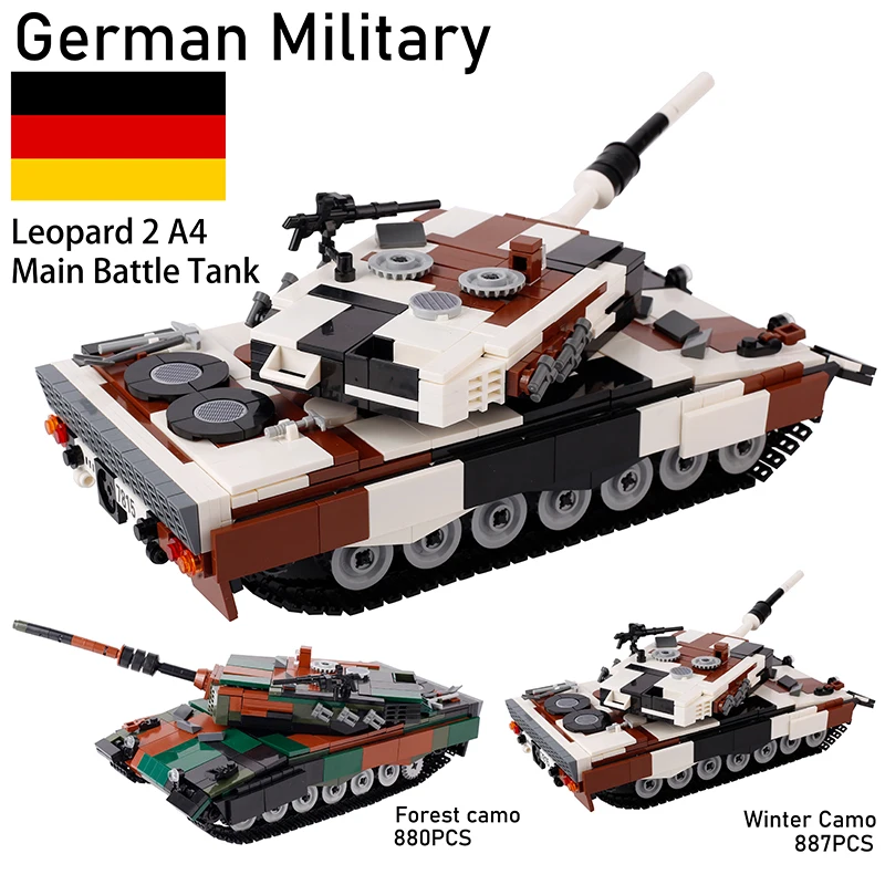 

MOC German Military Leopard 2 Camo Main Battle Tank Building Blocks Winter War Soldiers Army Scene Weapons Bricks Toys Boys Gift