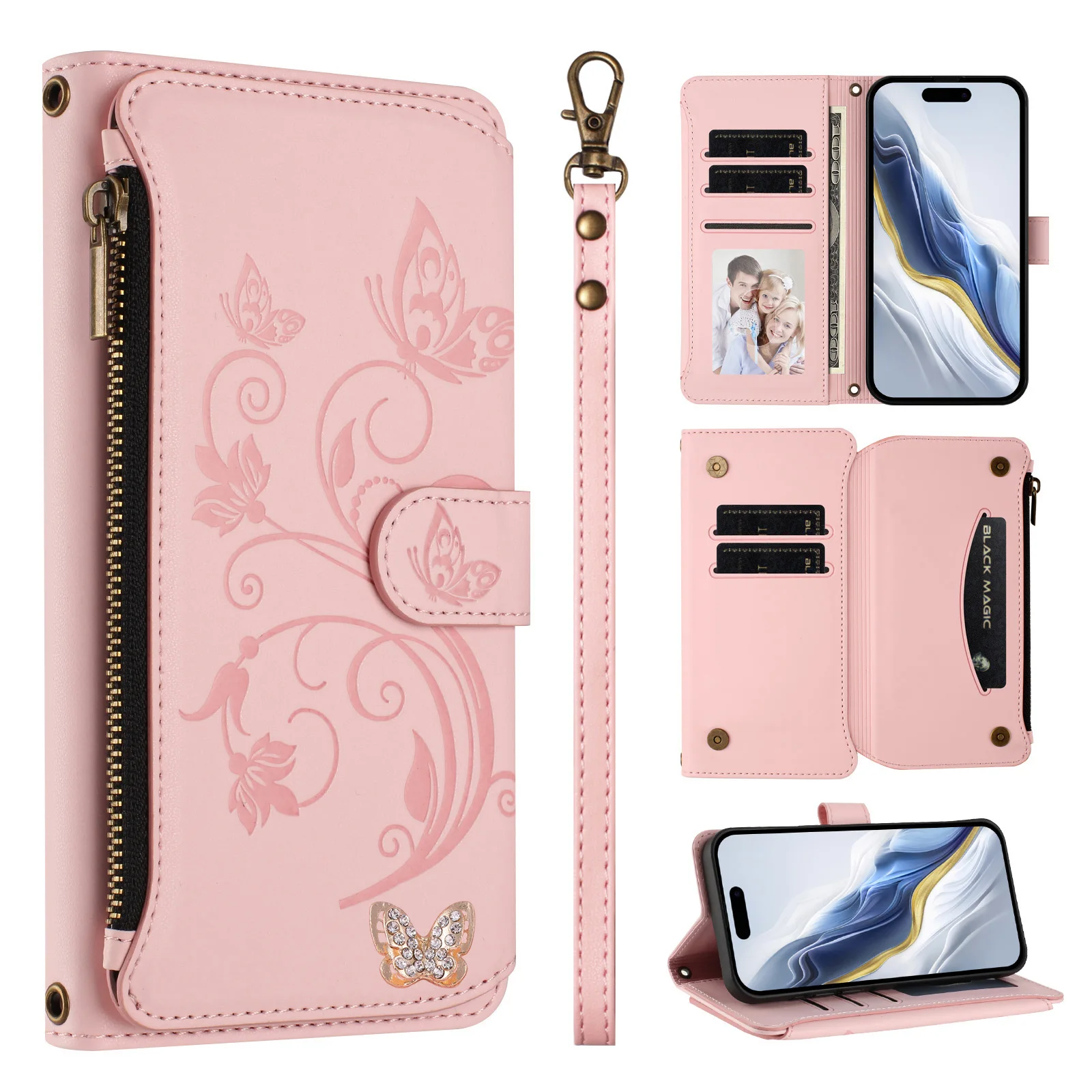 Wrist Zipper Wallet Case with Wireless Charging Leather Flip Cover and 5 Card Slots