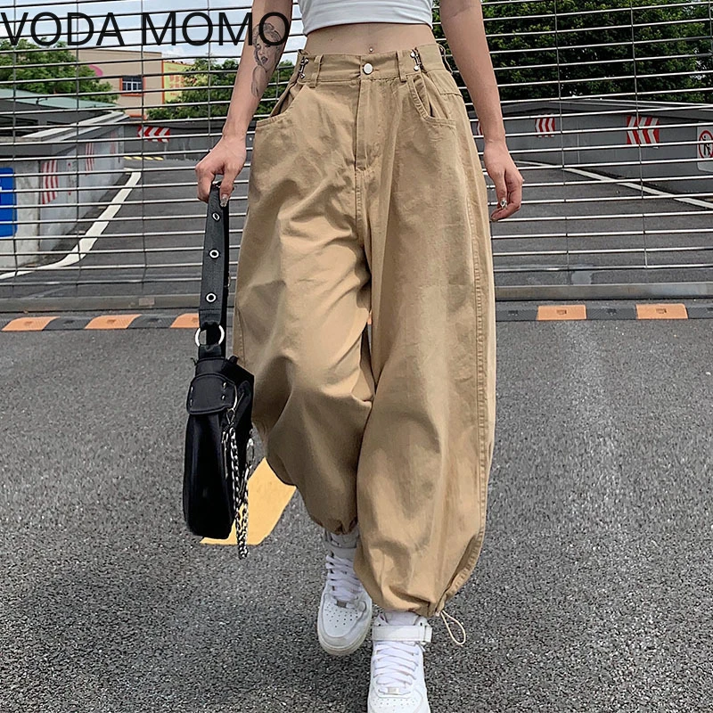Pantalones Cargo de talla grande para de calle estilo Hip color caqui, con cordón de cintura ajustable, de pierna ancha y larga, otoño de los 90| - AliExpress