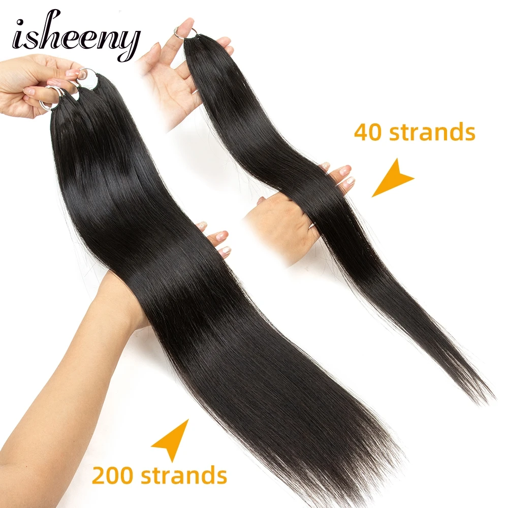 Isheeny Feather Human Hair Extensions 16"-24" Hand Knitting Extension Straight Natural Black Remy Micro Feather Line Hair Custom