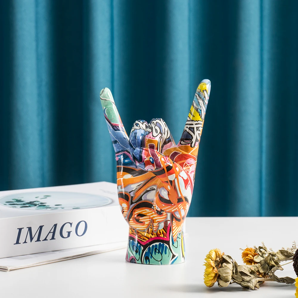 Graffiti Rock On Hand Statue Model Gesture Figurines 20cm Music Band Room Bookshelves Desktop Living Room Decor Modern Art Pop