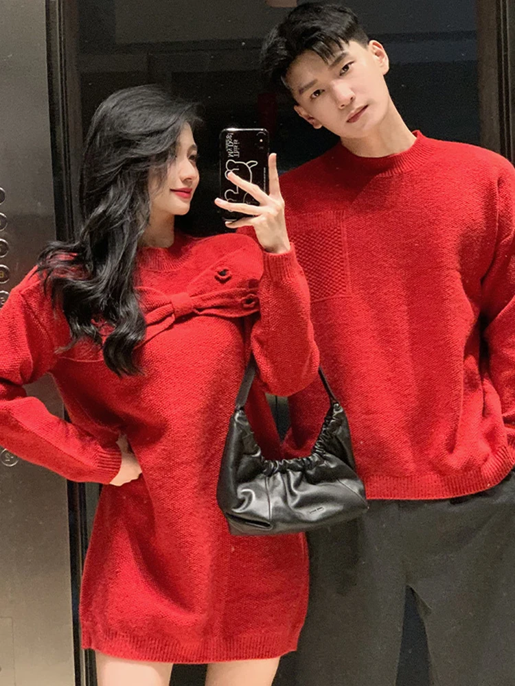 

French Christmas Korean Autumn Bow Dress Sweet Red Long Sleeved Couple Sweater O-neck Fashion Pullover Office New Chic Dresses