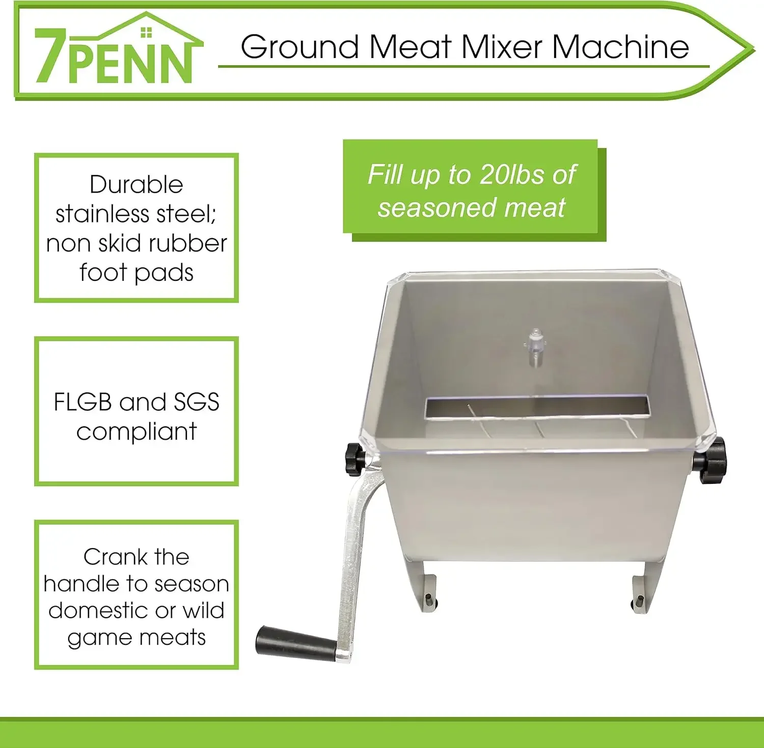 7Penn Meat Mixer – 20 lb Sausage Mixer Machine Meat Processing Equipment, Ground Beef Hand Mixer with Lid 2