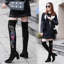 

Women Over The Knee Boots 2022 Winter Fashion Pointed Toe Flower Embroidery Lace-up Square Heel Suede Leather Long Knight Botas