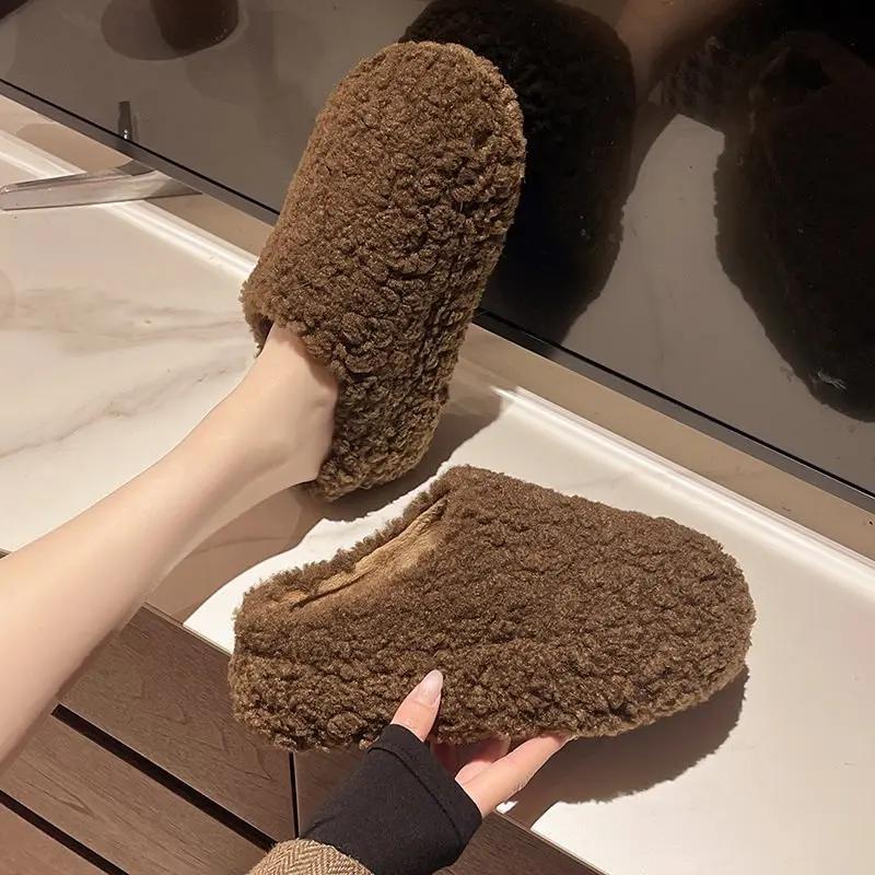 Winter Women Warm Cartoon House Slippers Concise Round Toe Shoes Ladies Comfort Lambwool Flats Slides Shoes 2025
