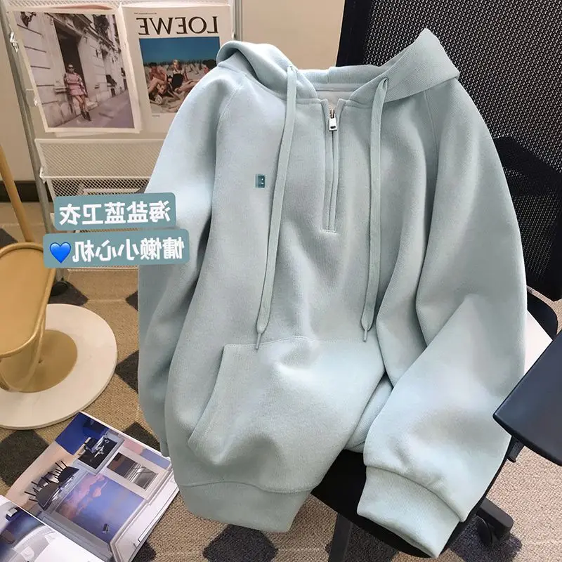 

Women Hoodie Harajuku Loose Oversize Solid Color Half Zip Up Sweatshirt Female Y2k Korean Casual Long Sleeve Pocket Hooded Coats