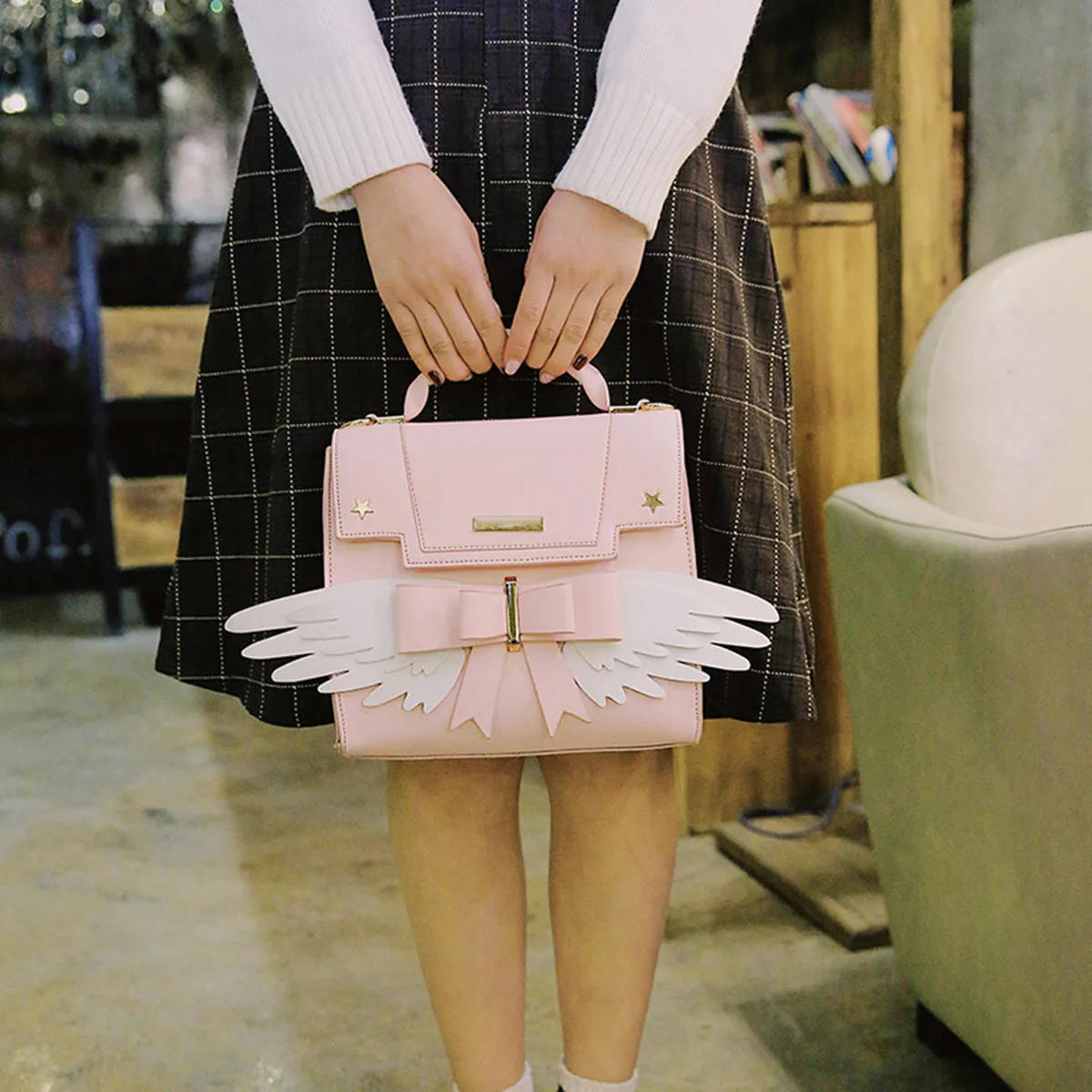 Japanese Lovely Pink Tender Shoulder Bag Girl Fashion Angel Wing Handbag Ladies Personality All Match Female Crossbody Bag BG056