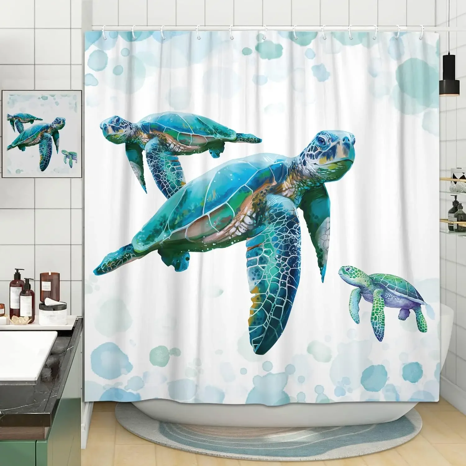 thumbnail image 1 of Cortina de ducha con diseño de océano, playa, palmeras tropicales, tortuga marina, gato, vela, flamencos, concha de coral, juego de cortina de ducha para decoración de baño, 1 of 5