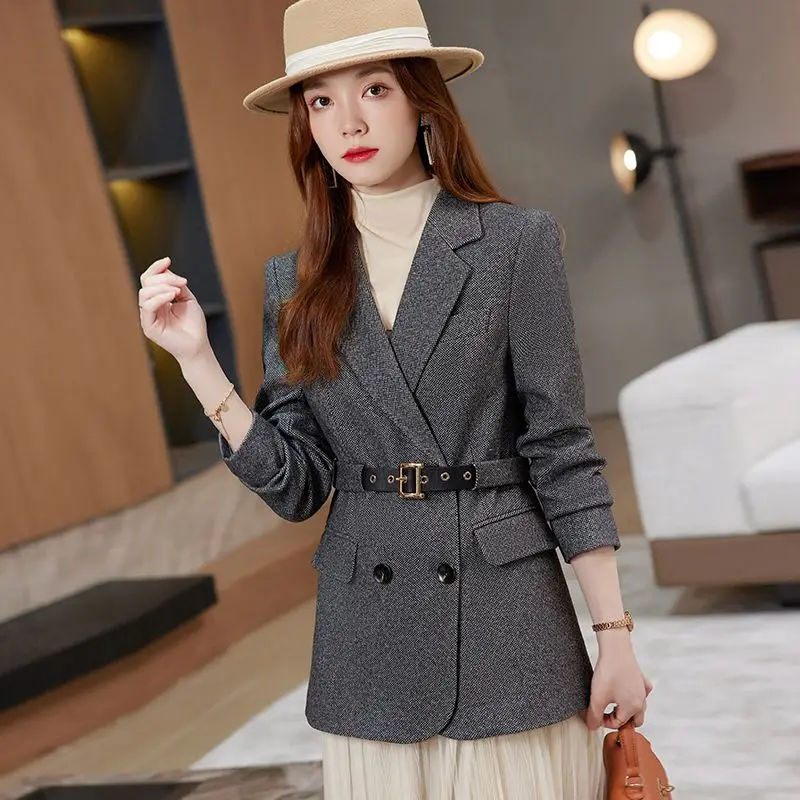 2023 New Women Fashion Slim Fit Solid Color with Belt Woolen Coat Women Short Temperamental Casual Large Size Woolen Suit Jacket