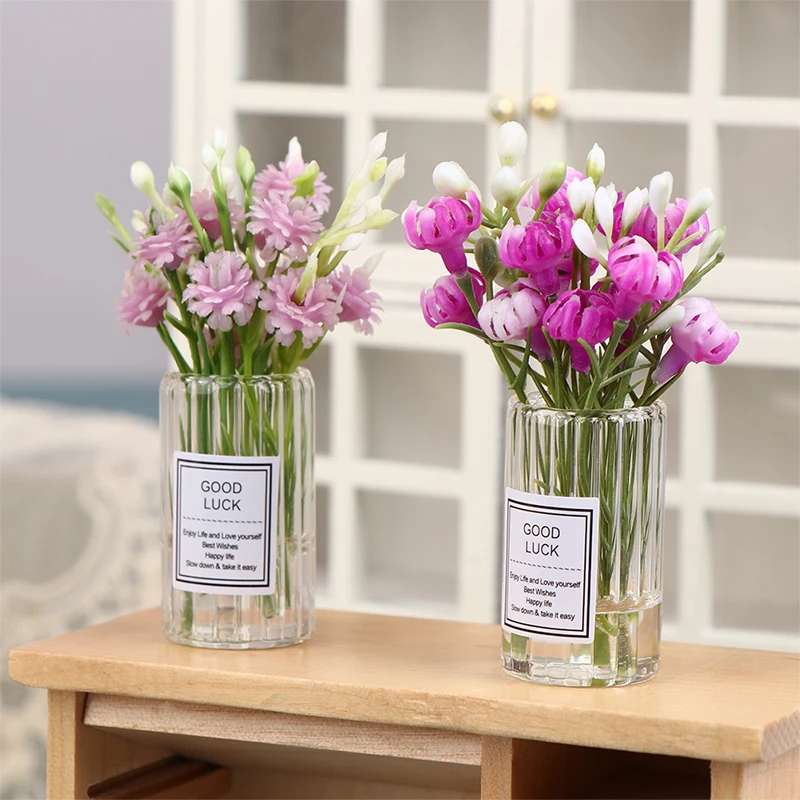 

1/6 1/8 Dollhouse Miniature Jasmine Flower Glass Vase Model Toys Doll House Accessories Decor Toy Green Plant Ornaments Crafts