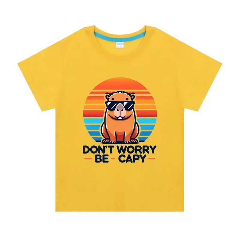 Boy Short Sleeve DON'T WORRY BE CAPY Funny Print Capybara T-shirt Crewneck Tee Tops for 2-15 Kids Value Cotton 2024 Summer New 3