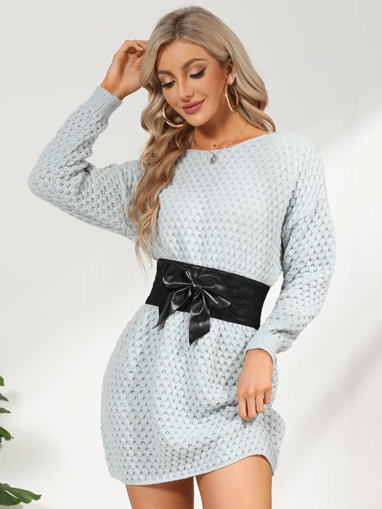 

Ekaliy Elegant O Neck Knitting Mini Dress Solid Long Sleeve Elastic Pullover Sweater Streetwear 2022 Autumn Women's Clothing