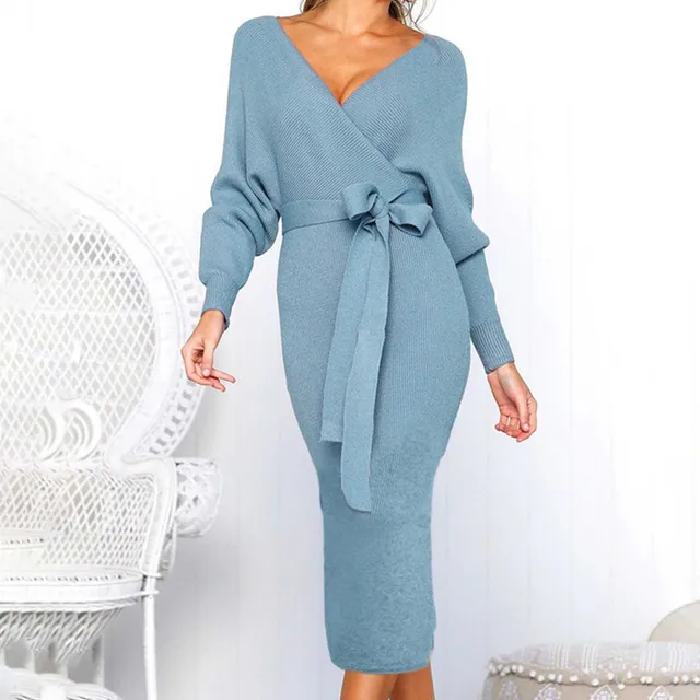 Knitted Sweater Dress Women Wrap Belted Tunic Midi Vestidos Long Sleeve V Neck Split Casual Autumn Winter Office Lady Dresses 2