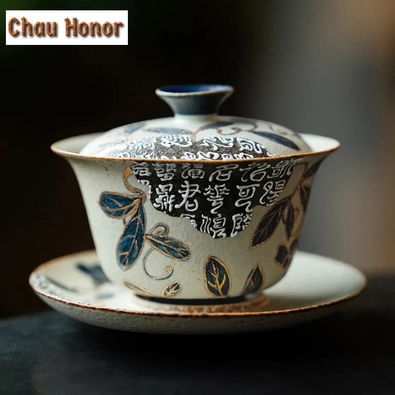 160ML Blue And White Flint Red Gaiwan Gold Drawing Branch Lotus Tea Tureen Tea Bowl With Lid Kit Tea Making Cover Bowl Tea Set