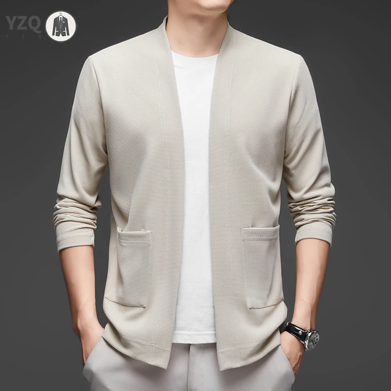 Veste cape à manches longues pour hommes, nouvelle collection d'affaires décontractée, couleur unie, tricotée, confortable et à la mode, haut polyvalent toutes saisons 1 Veste cape à manches longues pour hommes, nouvelle collection d'affaires décontractée, couleur unie, tricotée, confortable et à la mode, haut polyvalent toutes saisons 1