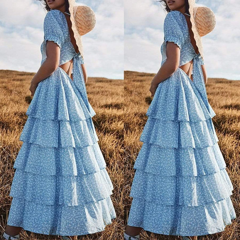 Bohemian Lace-up Ruffles Dress