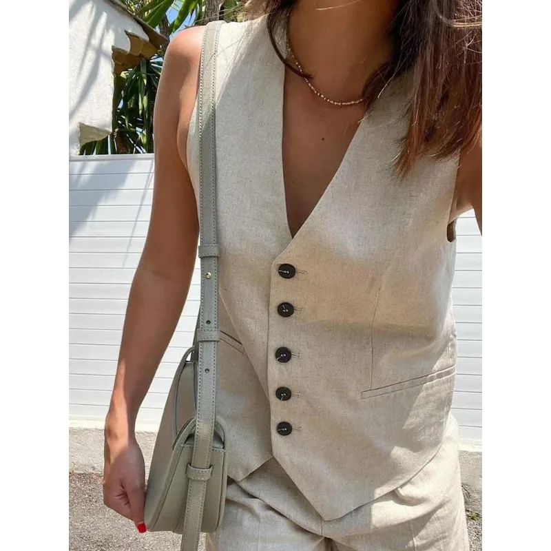 Women's Fashion Solid Linen Waistcoat Top V Neck Button Loose Casual Vest Summer Woman Streetwear Chic Vests Waistcoat