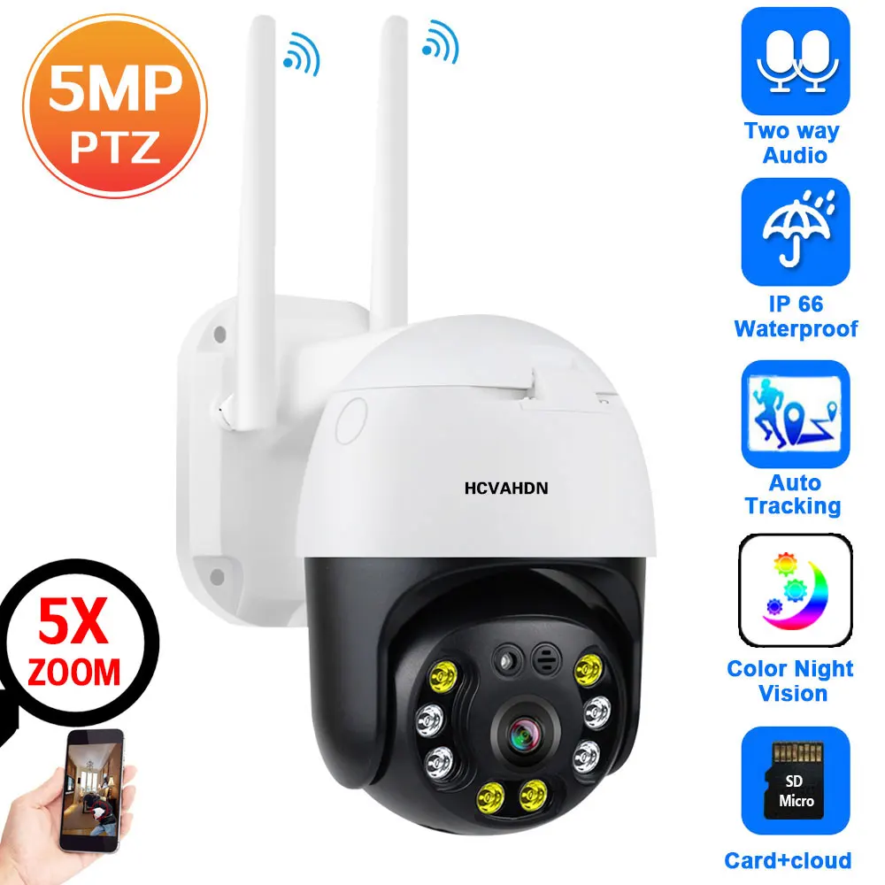 5MP Wifi PTZ IP Security Camera Outdoor Waterproof Auto Tracking Color Night Vision CCTV Video Surveillance Camera Wireless 2MP