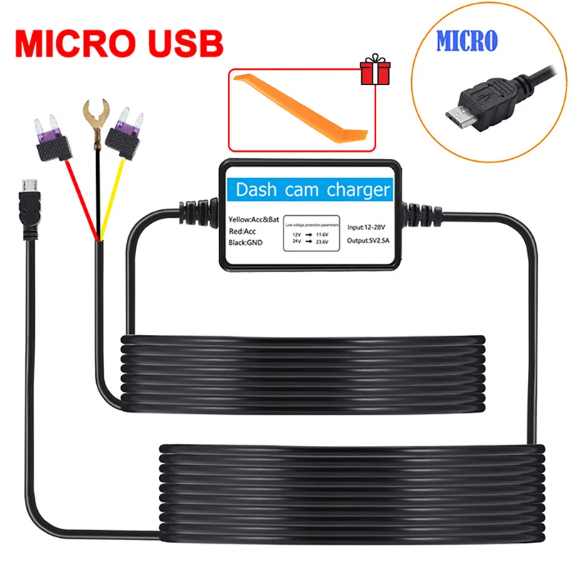 Car DVR Dashcam Camera Hardwire Kit 5V2.5A 12-30V Low Vol Protection Mini USB Port 24H Parking Monitoring for Car Accessories