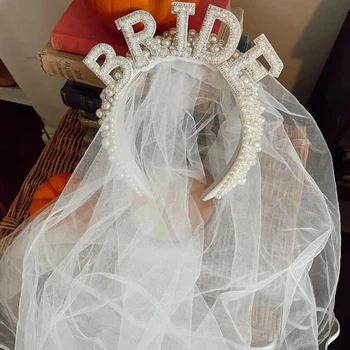 Fascia per capelli bianca da sposa Corona di perle con velo Sposa per essere Decorazione di nozze Regalo per addio al nubilato Forniture per addio al nubilato