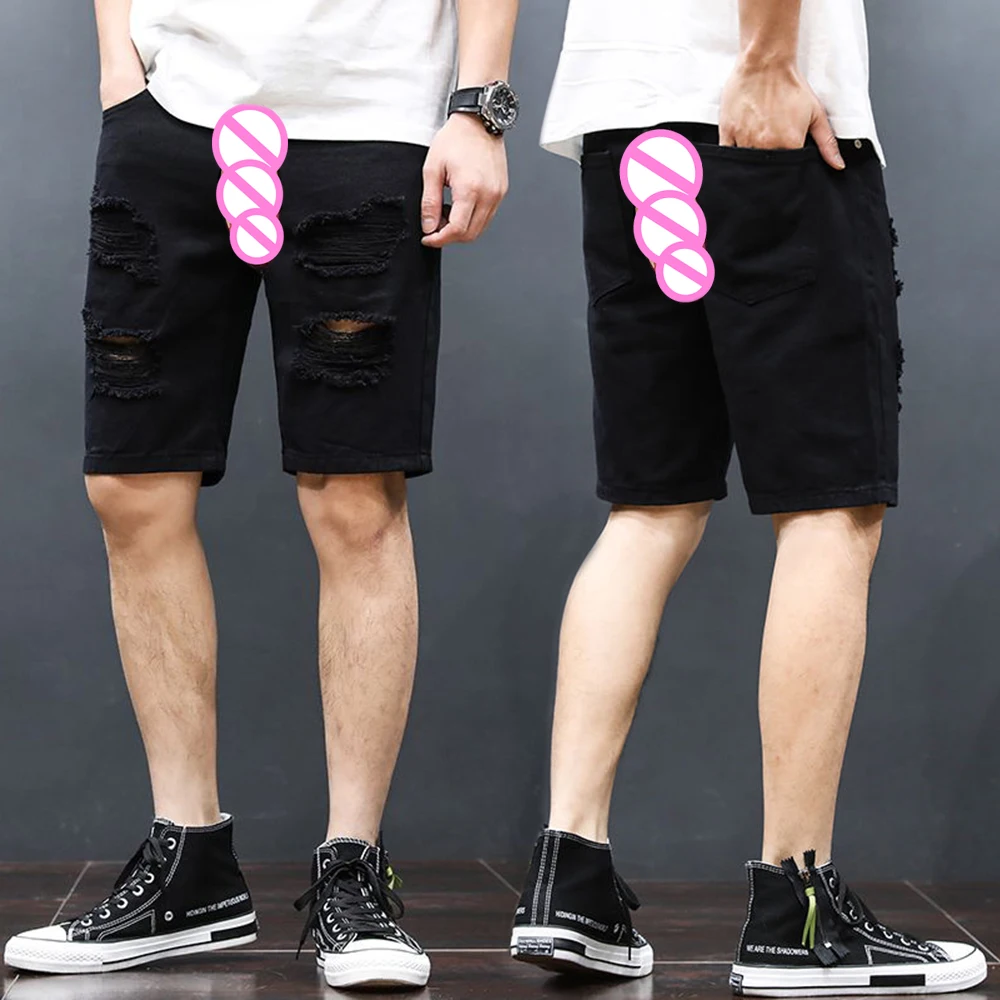 Invisible Open Crotch Outdoor Sex Summer Ripped Denim Shorts Men's Casual Jeans Streetwear Trend Five Points Pants Breeches