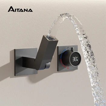 Rubinetto da bagno di lusso in ottone nero con design a parete Maniglia singola temperatura costante Rubinetto per lavabo a doppio controllo freddo e caldo 1