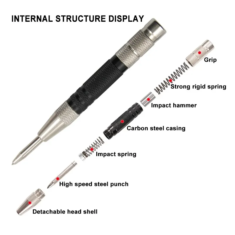 Center Punch Tool 155mm Woodworking Automatic Spring Locator Glass Striker Broken Window Silver Black Automatic Sample