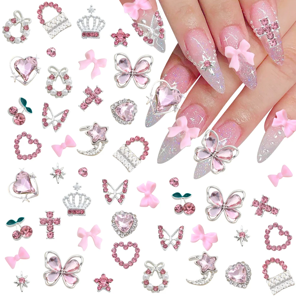 50/58Pcs Mixed Luxury Pink Crystal Butterfly/Bow Y2k Nail Charms 3D Metal Silver Alloy Nail Art DIY Sweet Pink Manicure Jewelry