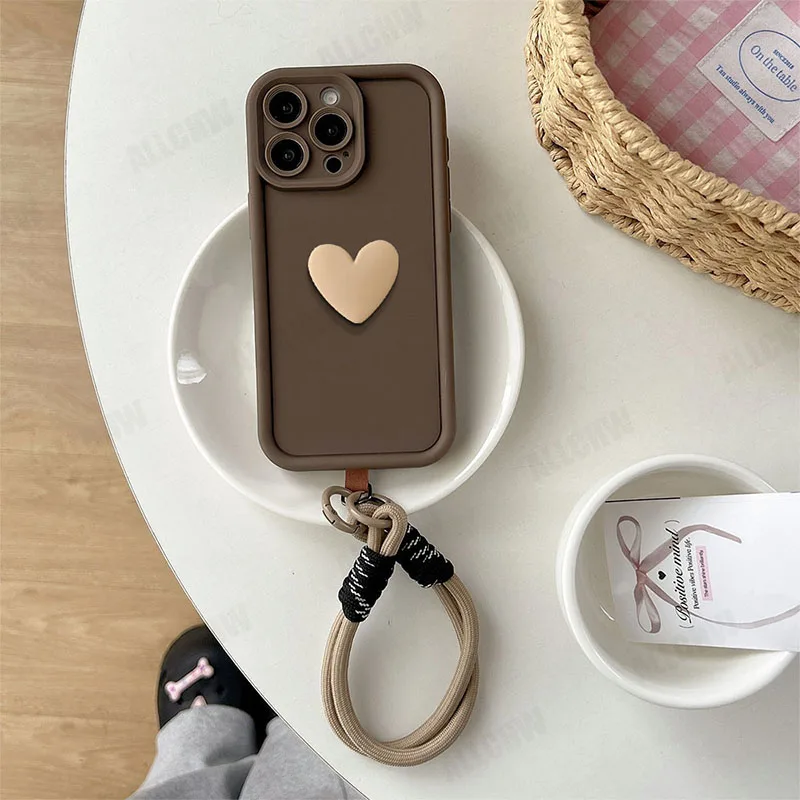 Stylish 3D Love Heart Phone Case with Lanyard Attachment - Elegant Protective Cover