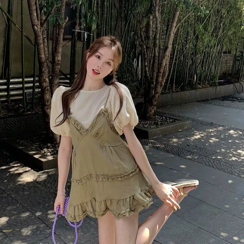

2023 Retro Age Reduction Sling Dress Female Summer Two Single Set of Small A-line Skirt Casual Short Skirt T-shirt Tops Y2K