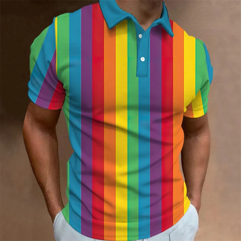 Newest Men'S Polo Shirt 3d Rainbow Printed Men Clothing Summer Casual Short Sleeved Lapel Button Oversized Shirt Street Tops