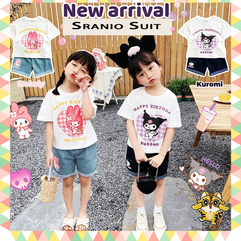 

Sanrio Short-Sleeved Denim Shorts Suits Kuromi Melody Kawaii Girl Cute T-Shirt Pants Sets Summer Casual Clothes Lovely Kids Gift