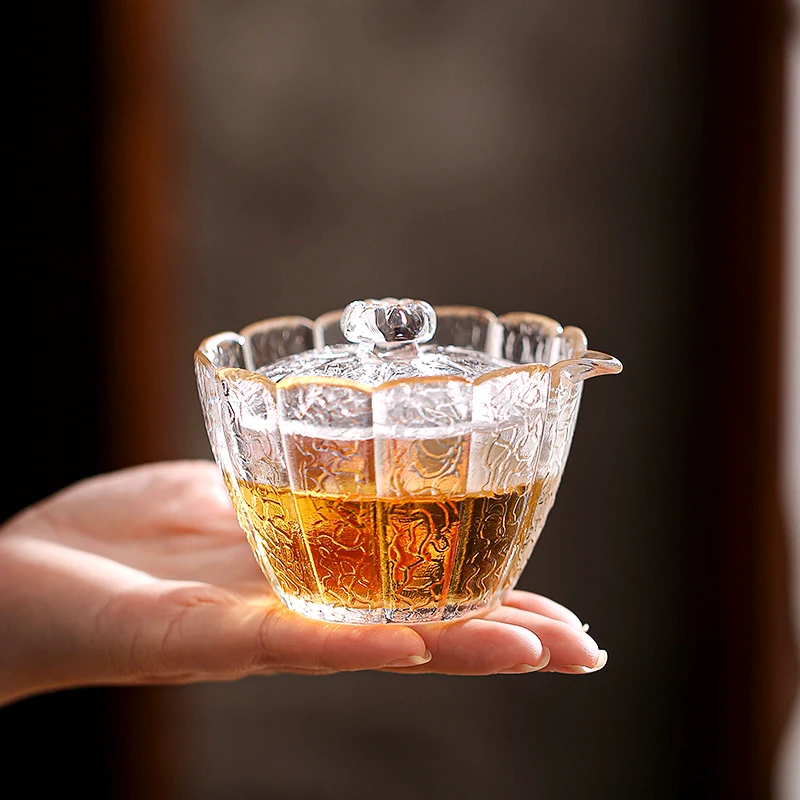 Pumpkin Glass Gaiwan, Covered Tea Cup, Large Tea Bowl, Traditional Chinese Kung Fu Set
