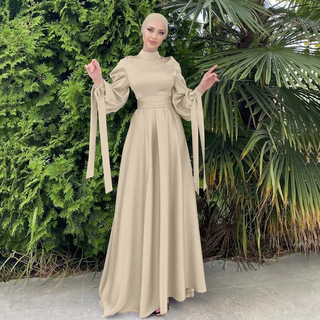 Muslim Women Islamic Satin Dress Hijab Arabic Pleated Abaya Dubai Elegant Balloon Sleeve with Ribbon Eid Mubarak Turkish Dresses