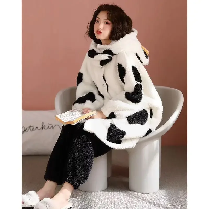 Women Sleepwear Thick Hooded Nightgown Kawaii Winter Robes Flannel Girls Animal Fleece Pajamas Female Cartoon Cow Home Clothes