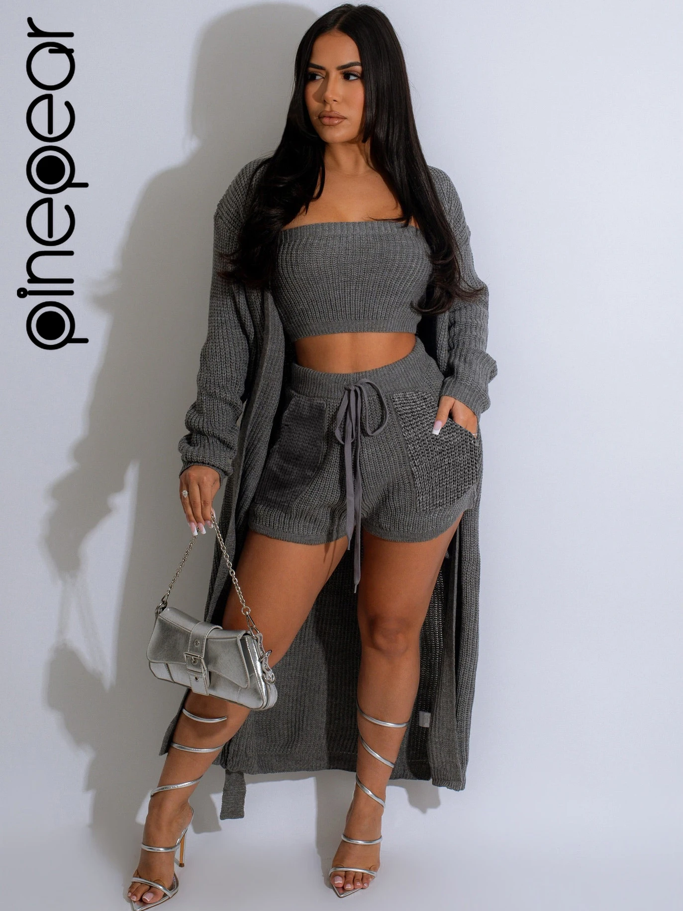 

PinePear Crochet Knit Women Long Sleeve Belt Cardigan Coat + Tube Top + Shorts Sets 2024 Fall Fashion Casual 3 Piece Outfits
