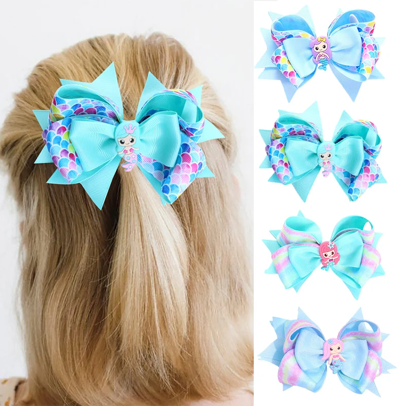 Oaoleer Cute Mermaid Hair Clips For Kids Girl Ribbon Bowknot Hairpin Princess Headwear Barrettes Boutique Hair Accessories Gift