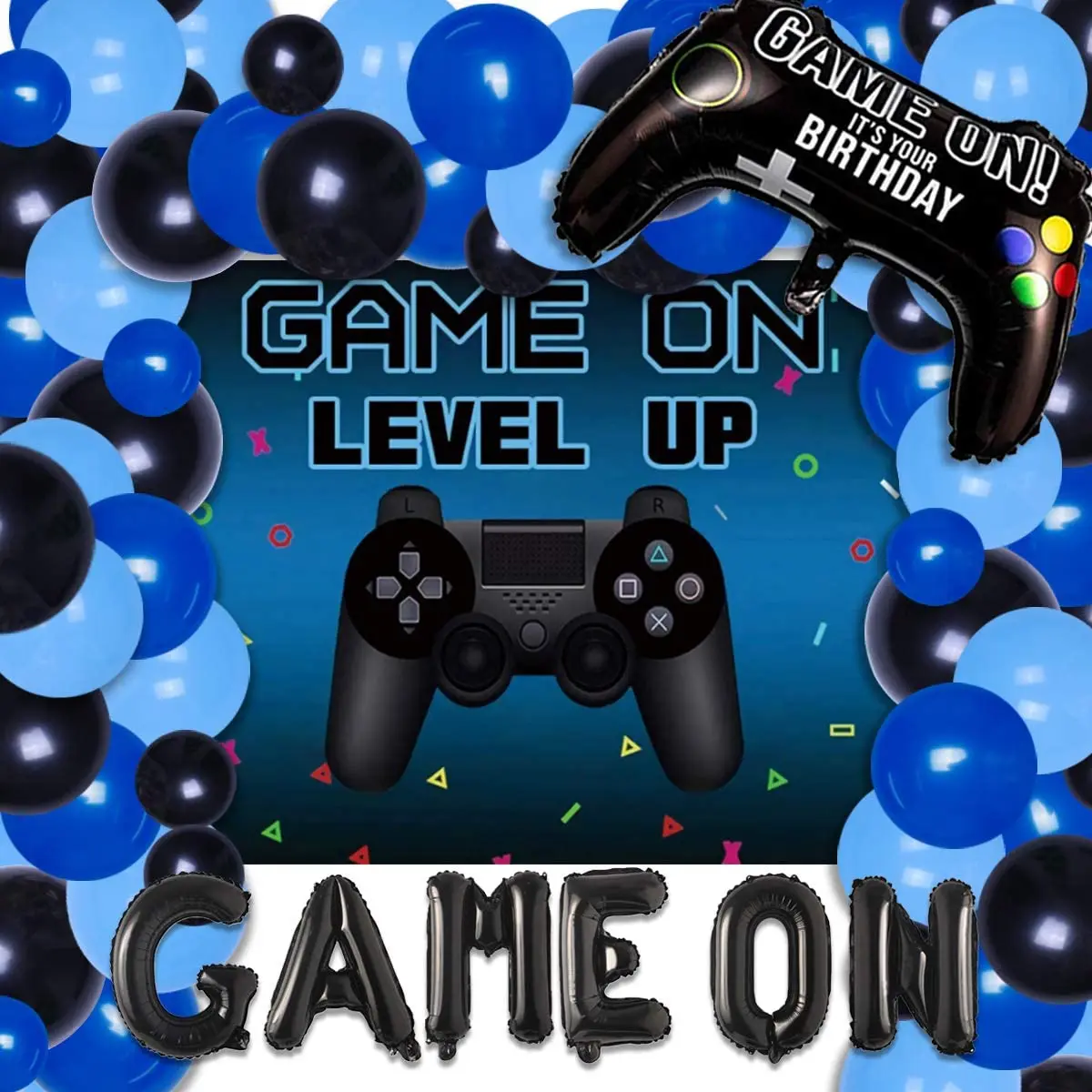 

Video Game Balloons Garland Arch Kit Blue Black Birthday Decorations for Boys Level Up Backdrop Game on And Controller Balloons