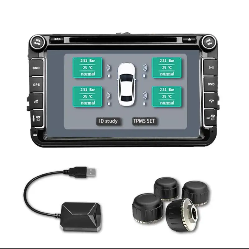 

Автомобильная универсальная система контроля давления в шинах TPMS с ЖК-дисплеем и 4 внутренними датчиками, зарядное устройство USB для всех автомобилей