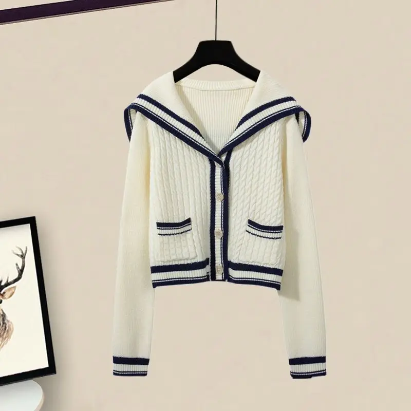 2022 Fall Winter Women's Preppy Style Thin Knit Coats Sleeveless Dress 2 Pcs Set Korean Lady Casual Joker Sweater Jacket Outfits