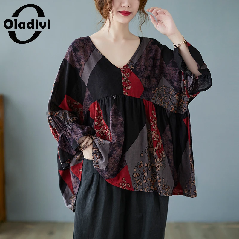 

Oladivi Oversized Clothing Fashion Print Cotton Linen Blouses Women 2022 Summer Cool Casual Loose Shirts Ladies Basic Tops 9058