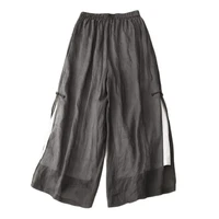 Gray Cotton Linen Casual Elastic High Waist With Lining Women's Pants Wide Leg Ankle-Length Pants For Women Clothing Fashion - Image 2