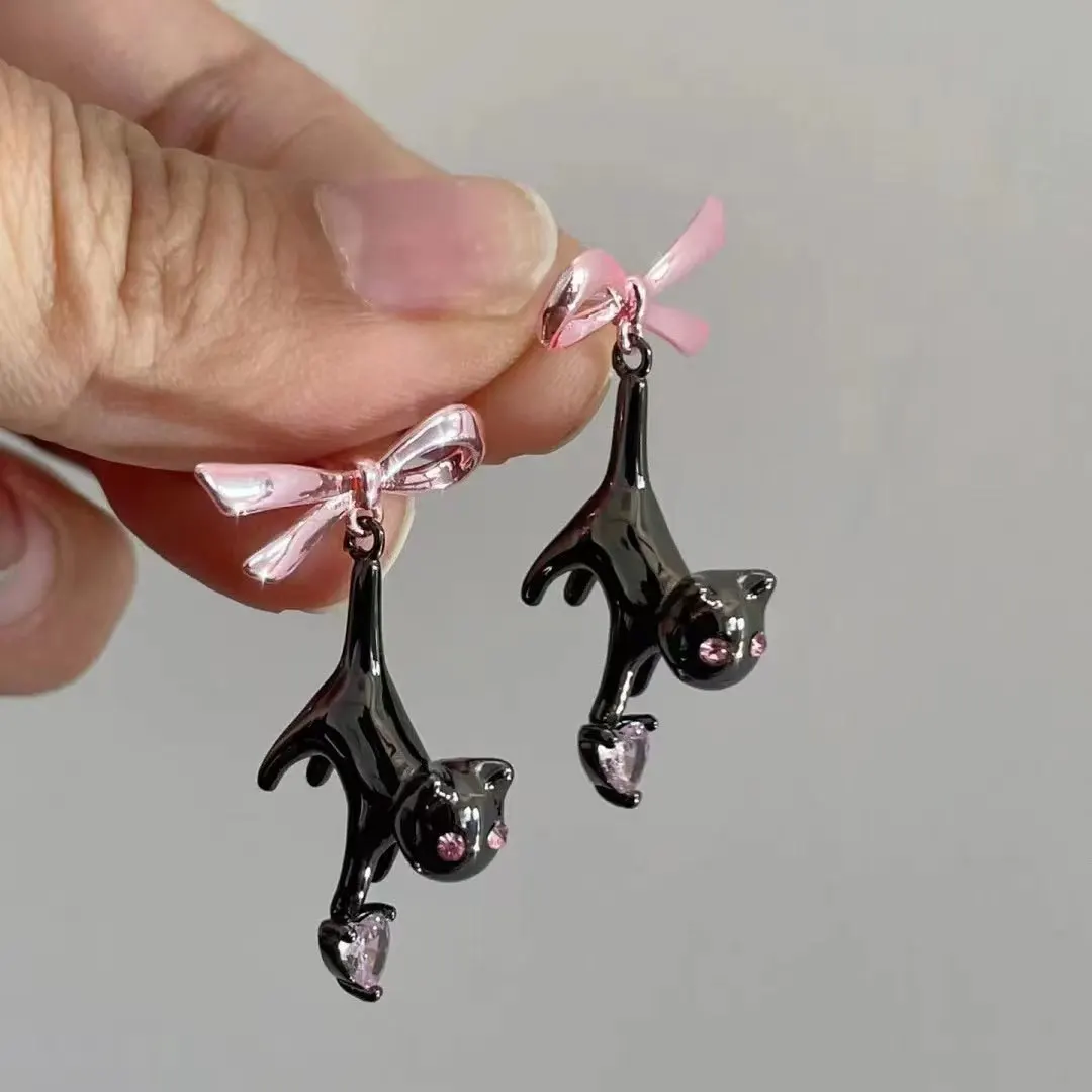 Black Cat Pink Heart Rhinestone Bow Drop Earrings for Women Sweet Creative Fun Y2k Aesthetics Dangle Earrings 2023 Trend Jewelry