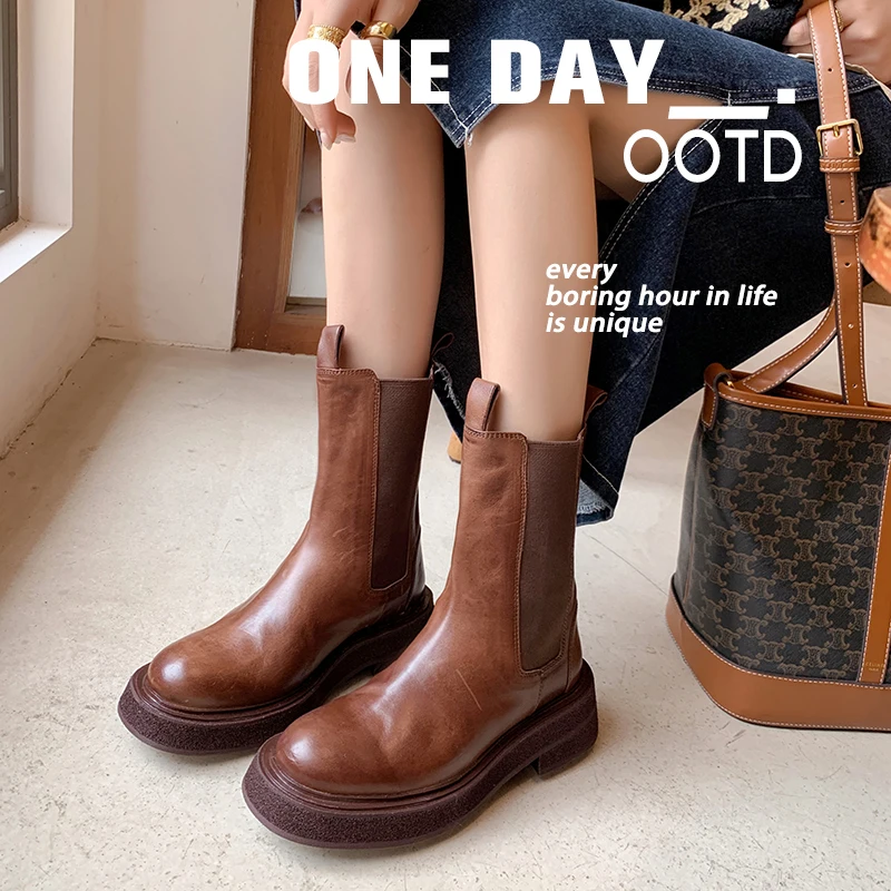 

2023 new Autumn winter women ankle boots natural leather 22-25cm cowhide+pigskin Chelsea Boots Chimney boots platform boots