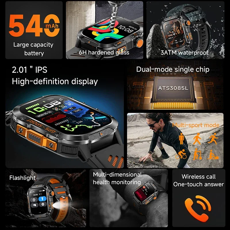 2026 NEW Military GPS Smartwatch Flashlight Wireless Call Wrist Watches 3ATM Waterproof Sports Smart Watch For Men Women Android