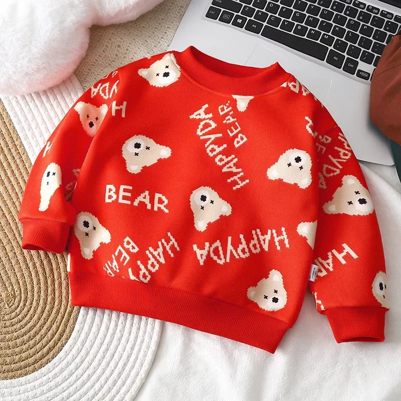 Autumn Winter Plush Velvet T-shirt for Kids Thicken Warm Printed Sweatshirts Casual Children Pullover Outwear