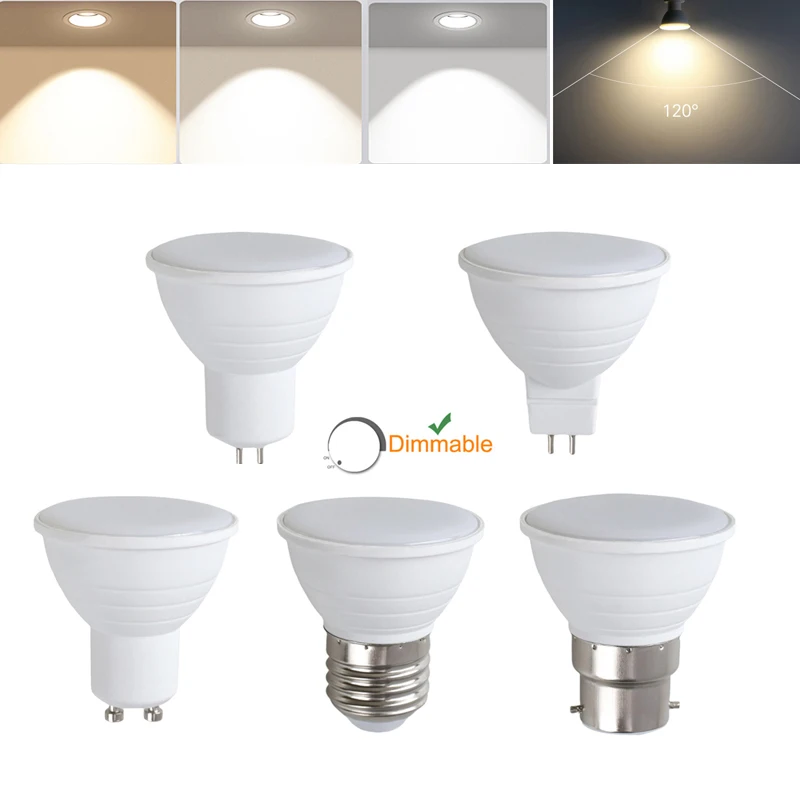 

Dimmable LED Spotlight Bulbs GU10 MR16 7W 120 Degree Beam Angle AC 110V 220V E27 GU5.3 B22 Energy Saving Lamp For Home Decor