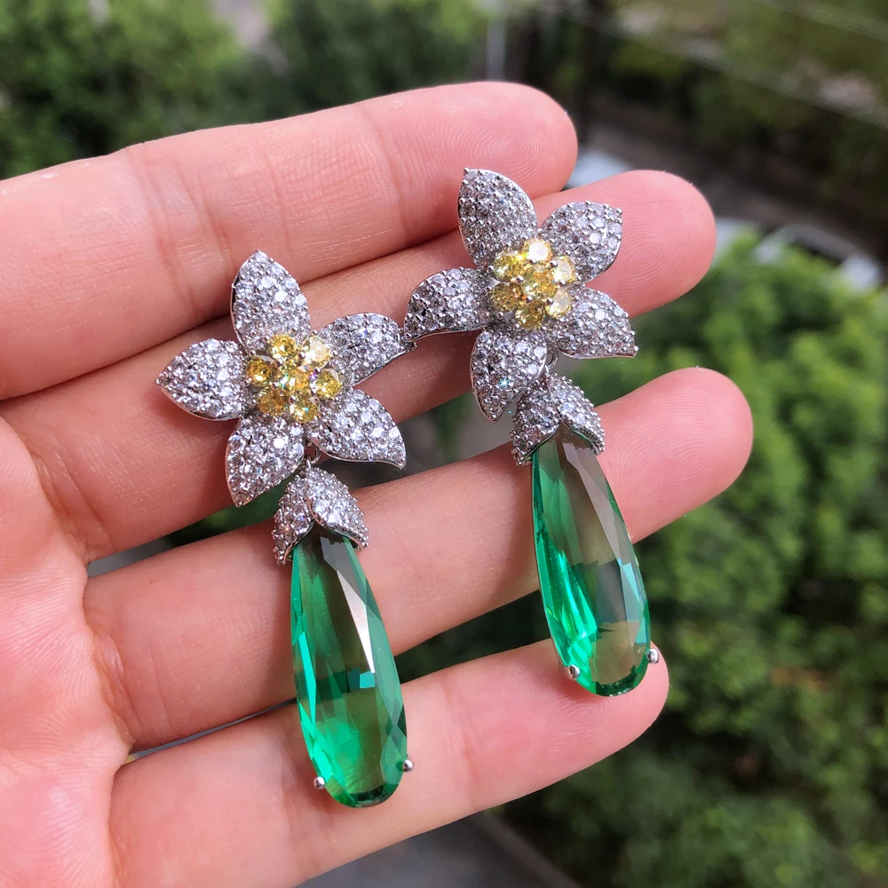 Missvikki Luxury Flower Clear Drop Earrings Trendy Cubic Zircon Indian Earrings for women Wedding Engagement Party JEWELRY GIFT