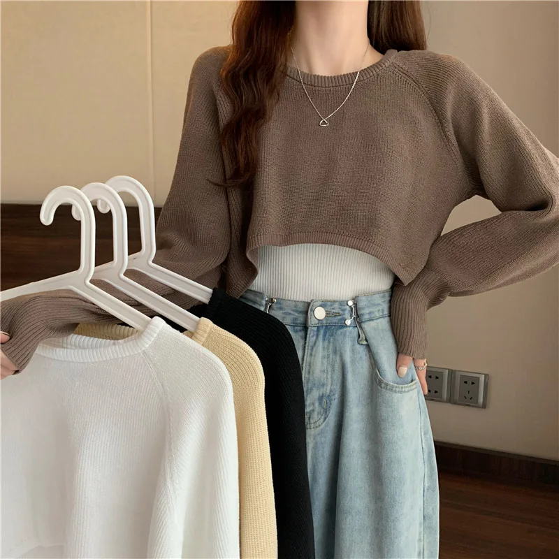 

New Autumn Women Solid Sweater O-Neck Loose Sweater Pullover Crop Top Sweaters Shirts Femme Knit Outwear Jumpers