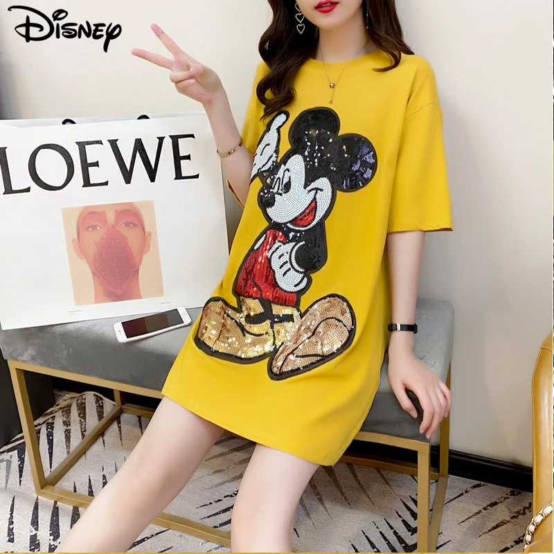 Disney 2022 Brand Clothing Nuovo Arrivo Top Fashion Pullover Casual Cotton Cartoon Mickey Mouse Beading Print Tshirt Dresses